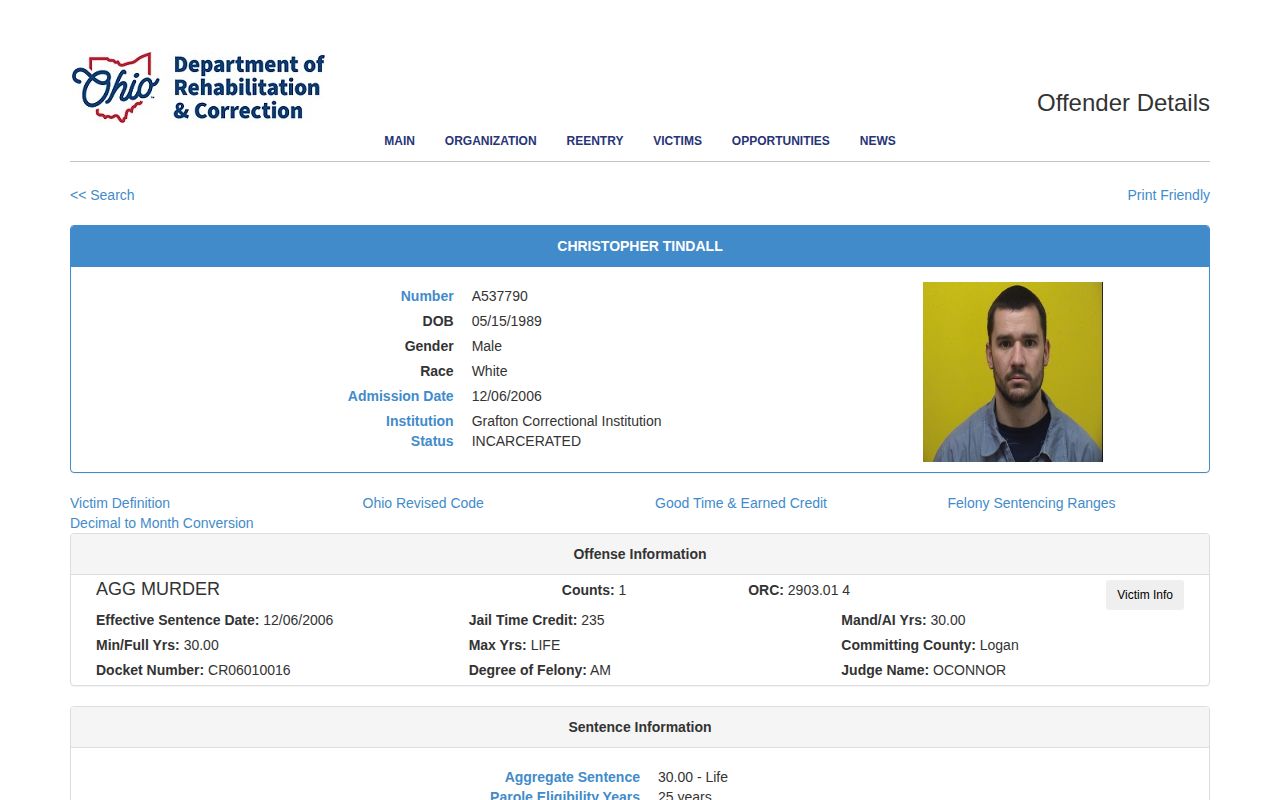 Logan County ODRC inmate release date example