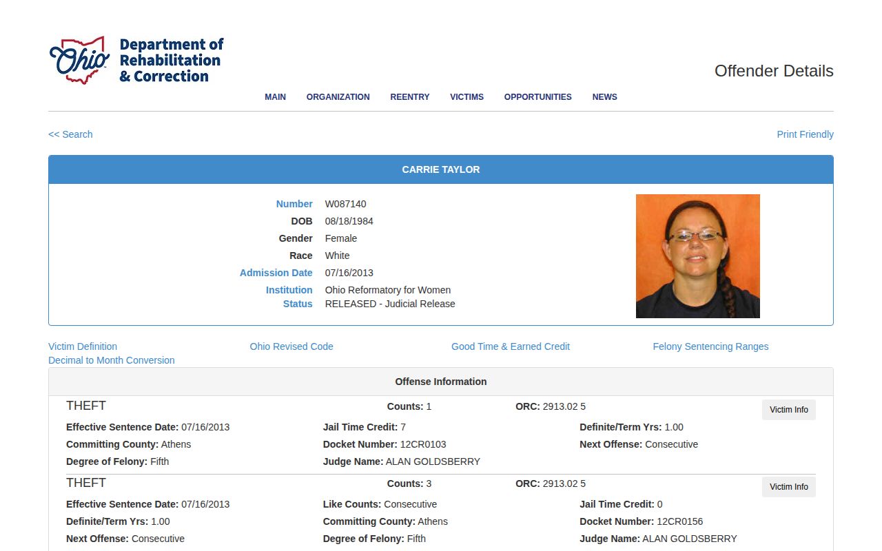 Ohio ODRC released inmate photo and status record for Logan County release research