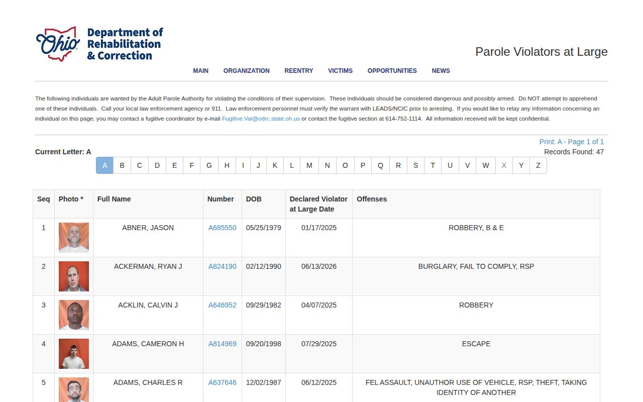 ODRC violators at large list used for Logan County parole verification