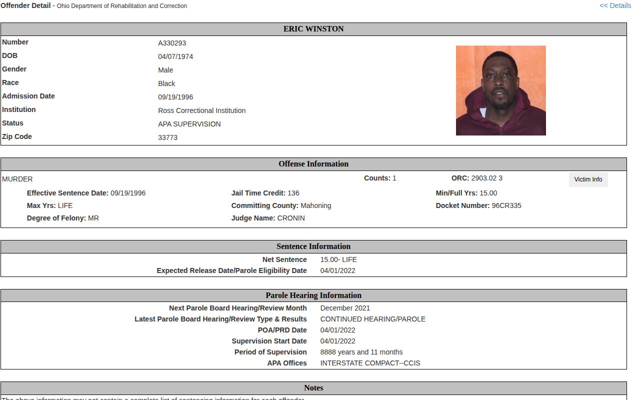 ODRC parole and probation result fields for Logan County supervision